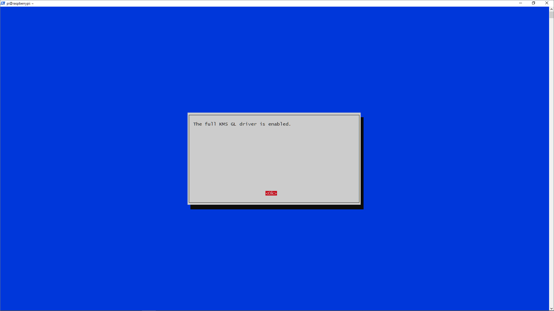 This is a picture of the Raspberry Pi Software Configuration Tool 'Full KMS Driver Enabled' screen.