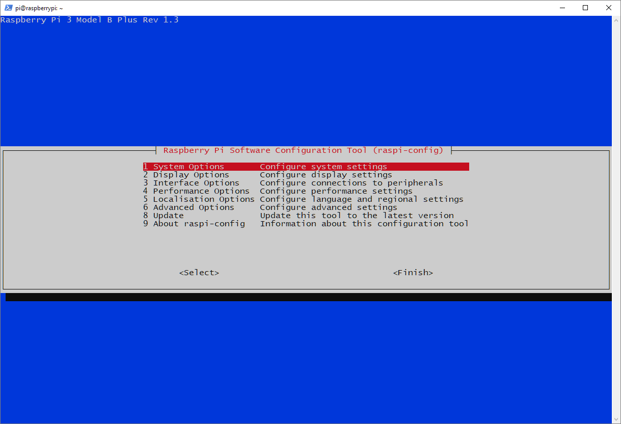 This is a picture of the Raspberry Pi Software Configuration Tool 'Main Configuration Options' screen.