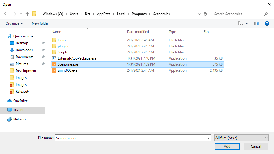 This is a picture of the browse file dialog in the directory containing Scenome.exe.