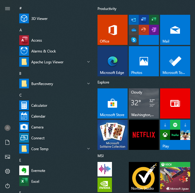 This is a picture of the Windows® 10 Start Menu.