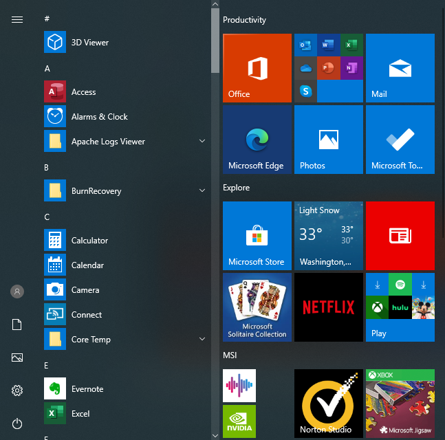 This is a picture of the Windows® 10 Start Menu.