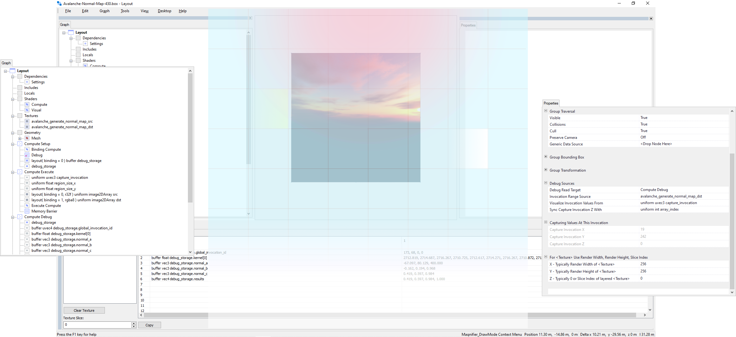 Simdify's 'Layout' application being used to debug a compute shader. You can move the mouse over the rendered view and see the values generated by the compute shader. Live!